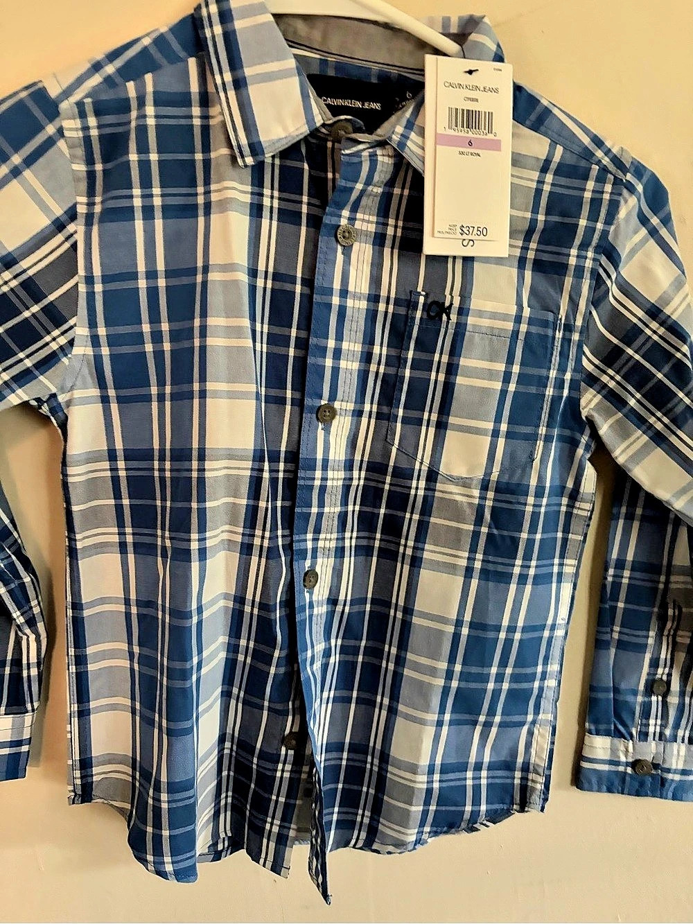 Calvin Klein Jeans boys Plaid Button Down Shirt Blue & White Size 6 NWT